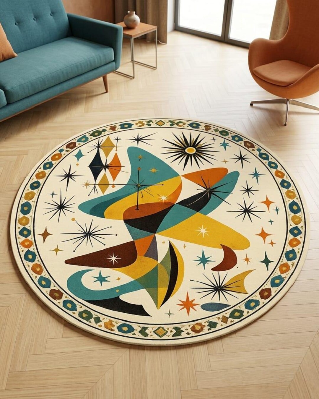 Atomic Fallout Rug Mid Century Modern Round Rug Atomic Starburst Celestial Geometric ...