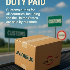 Puede incluir: Una caja de cart&oacute;n marr&oacute;n con la inscripci&oacute;n "AVIORRUG" en una cinta transportadora, con el texto "CUSTOMS DUTY PAID" encima. La imagen incluye texto que indica que los derechos de aduana se pagan para todos los pa&iacute;ses.