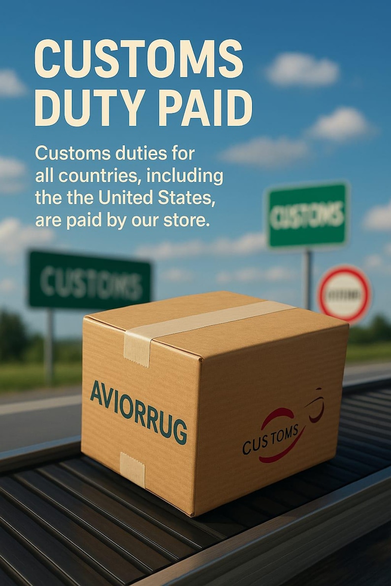Puede incluir: Una caja de cart&oacute;n marr&oacute;n con la inscripci&oacute;n "AVIORRUG" en una cinta transportadora, con el texto "CUSTOMS DUTY PAID" encima. La imagen incluye texto que indica que los derechos de aduana se pagan para todos los pa&iacute;ses.
