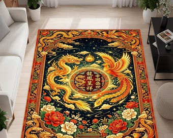 May include: Rectangular area rug with a detailed Chinese dragon and phoenix design. The rug features a dark blue background with gold, red, and white accents. The design includes floral patterns and Chinese characters.