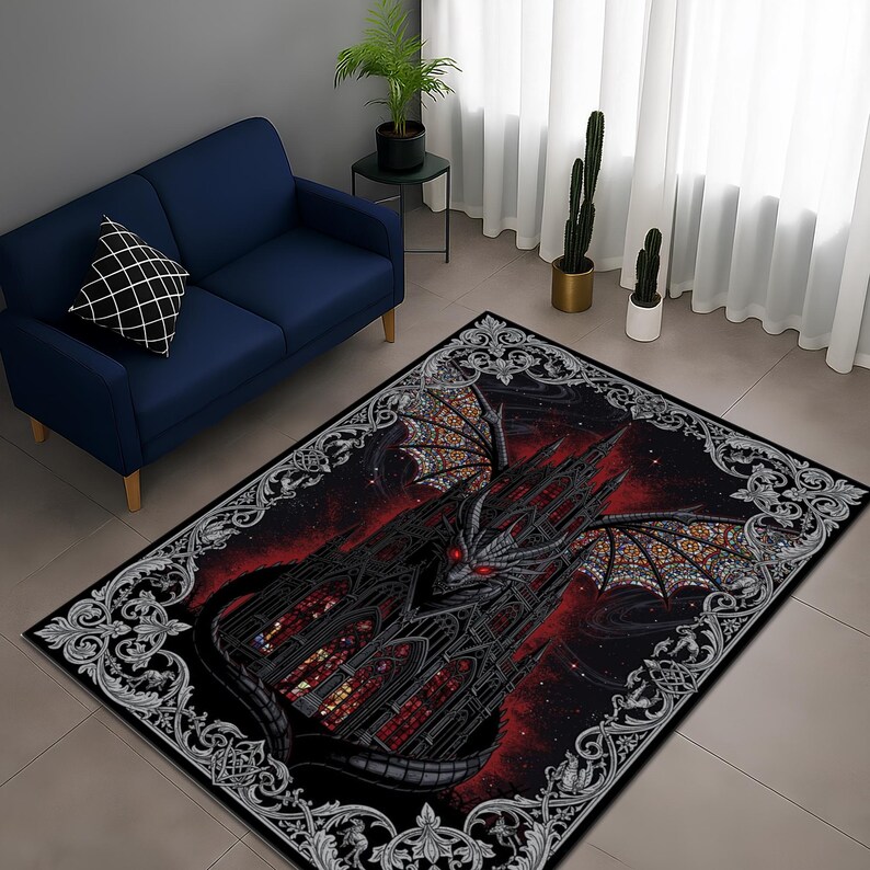 Cathedral Rug Gothic Dragon Cathedral Rug, Dark Fantasy Stained Glass Design ...