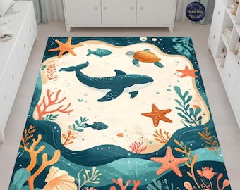 Alfombra infantil con diseño de ballena oceánica, decoración para habitación infantil, animales marinos, sala de juegos, alfombra de suelo