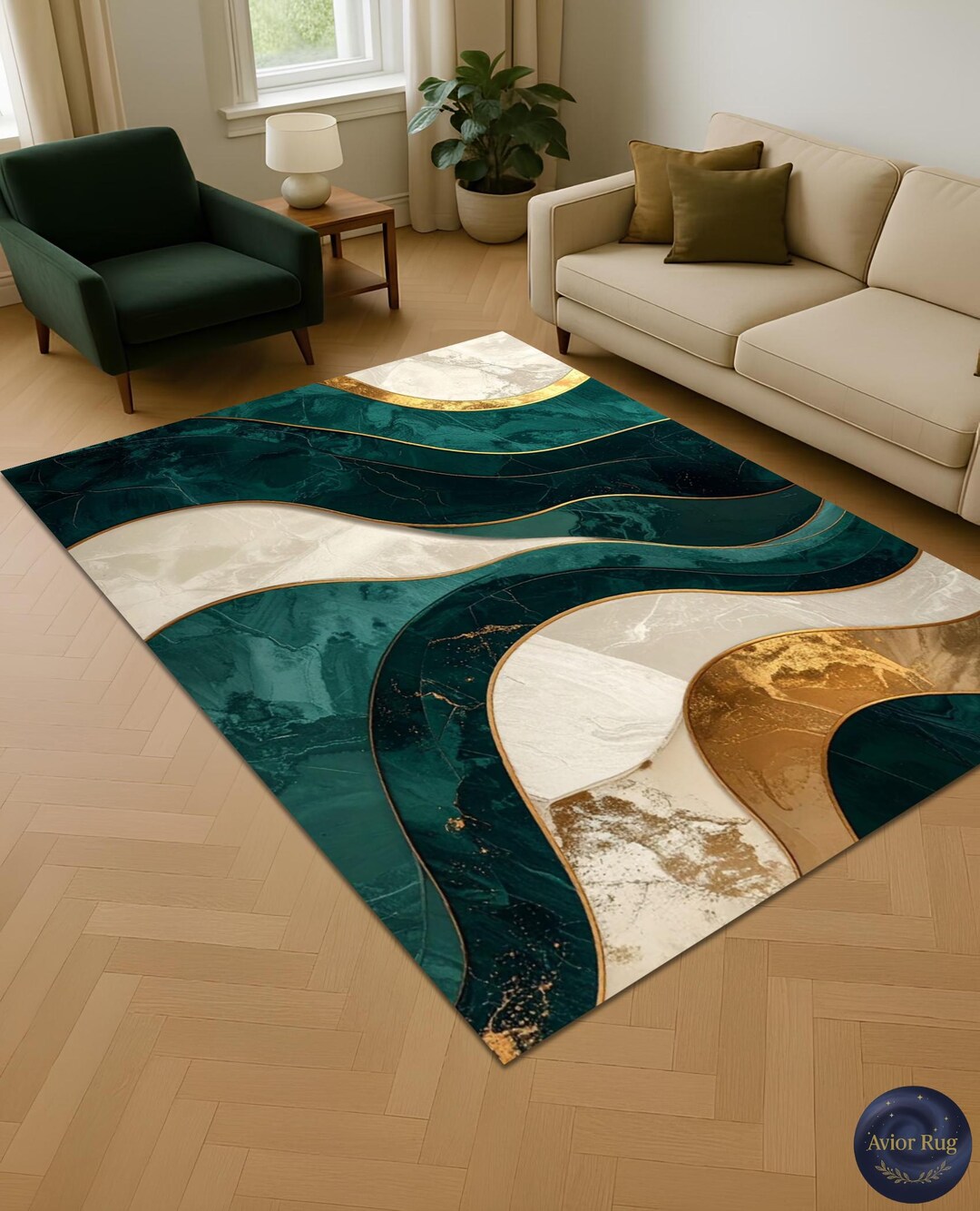 Patterned Green Rug Abstract Design Modern Abstract Pattern, Green Tones, Marble Effect, Elegant Digital ...