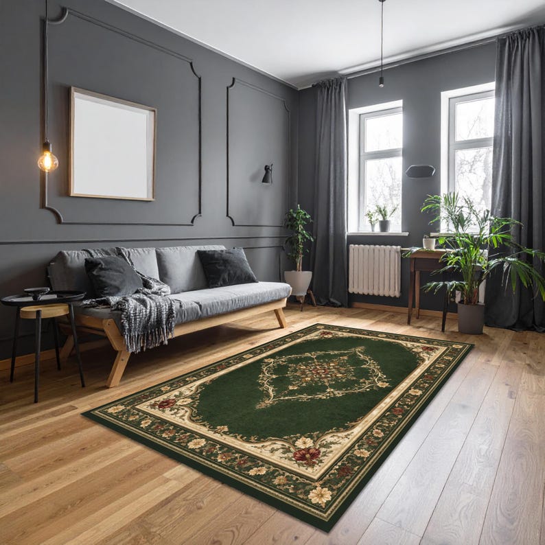 Vintage Green Floral Area Rug Classic Victorian Style Ornate Border ...
