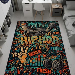 Hip Hop Graffiti Digital Print Rug – Colorful Urban Street Art Music Style Area Rug