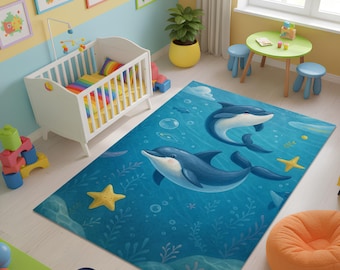 Dolphin Kids Room Rug • Ocean Nursery Carpet, Soft Microfiber