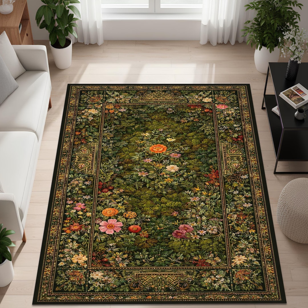 Vintage Botanical Floral Area Rug Dark Green Garden Inspired Classic ...