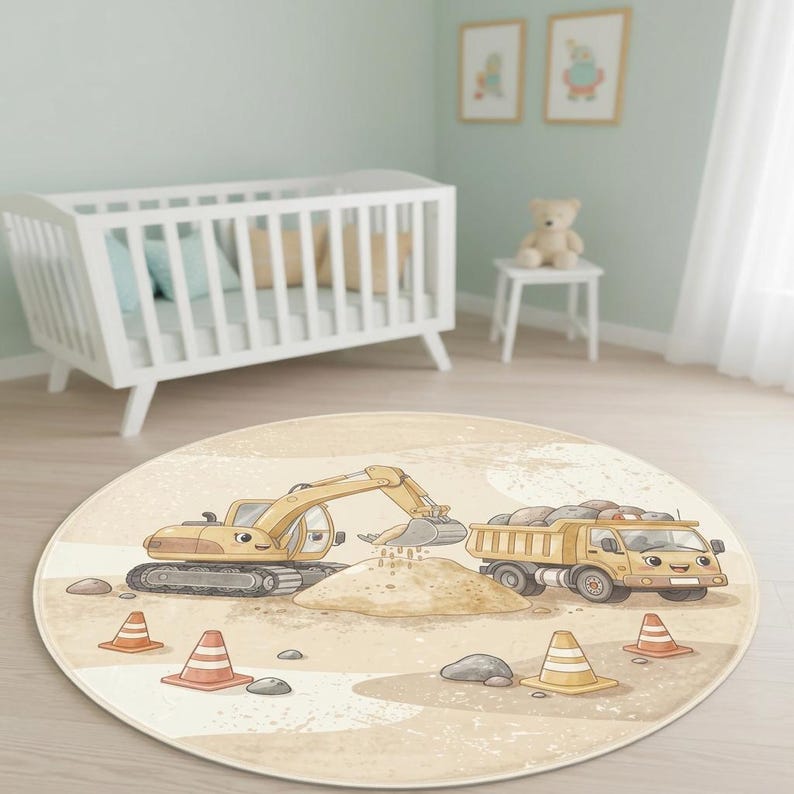 Round Kids Construction Rug, Cute Excavator Dump Truck, Nursery ...