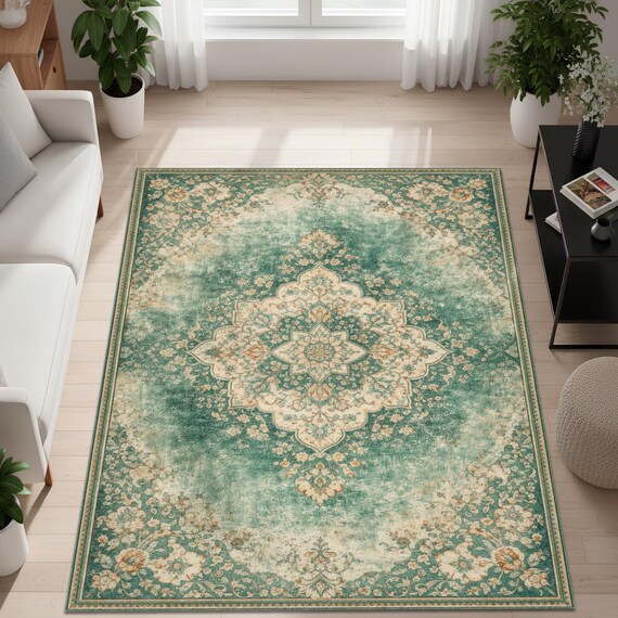 Vintage Oriental medallion rug, distressed teal floral design, traditional living room carpet home decor