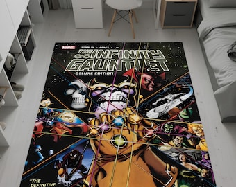 Könnte beinhalten: Ein rechteckiger Teppich mit einem Comic-Cover-Design. Der Teppich zeigt den Titel "The Infinity Gauntlet Deluxe Edition" und Kunstwerke von Thanos mit dem Infinity Gauntlet, umgeben von Marvel-Charakteren. Der Hintergrund ist schwarz mit farbenfrohen Illustrationen.