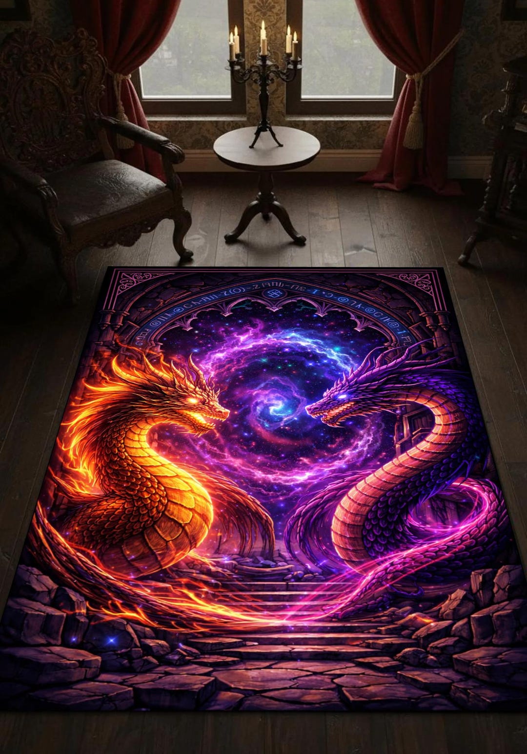 Epic Rug Fantasy Dragon Battle Rug Cosmic Portal Fire Ice Dragons Epic Gamer ...