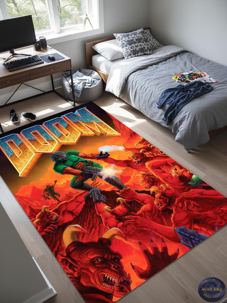 Rectangular Doom Doom Classic Rug Retro Video Game Area Rug Doomguy Demons Lava Retro ...