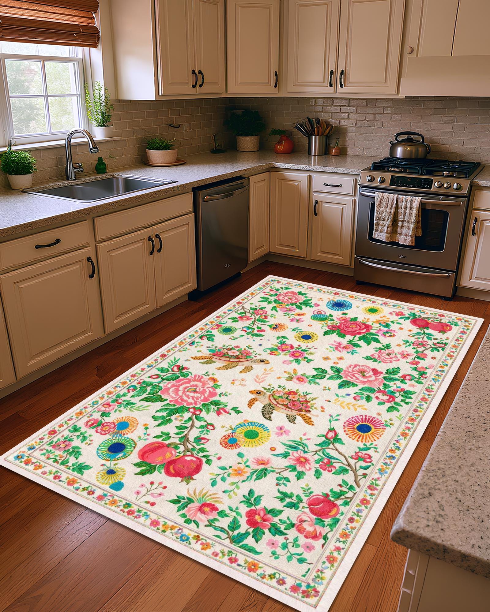 Kitchen Rug Handmade Floral Kitchen Rug, Chinoiserie Turtle Garden Design, Pink Peony ...