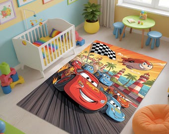 Alfombra de Rayo McQueen de Disney Cars: pista de carreras infantil con coches de colores, perfecta para la sala de juegos, el dormitorio y la diversión de las carreras infantiles.