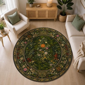 May include: A large circular area rug featuring a dark green background with a dense botanical pattern of various colourful flowers and foliage. The design includes a central floral arrangement surrounded by a decorative border with intricate details.