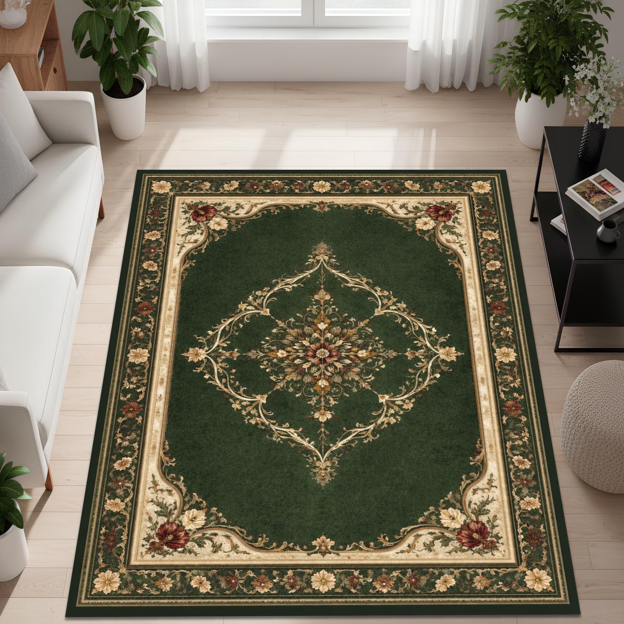 Vintage Green Floral Area Rug Classic Victorian Style Ornate Border ...