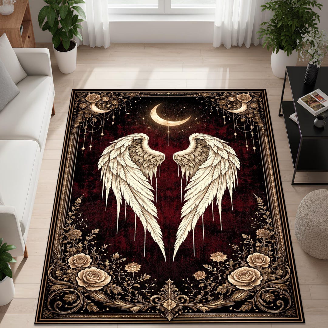 Angel Fairy Rug Angel Wing Rug, Gothic Celestial Design, Moon Floral Pattern, Burgundy ...