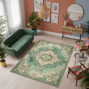 K&ouml;nnte beinhalten: Ein gro&szlig;er, rechteckiger Teppich mit einem Used-Look-Design im Vintage-Stil. Der Teppich hat ein zentrales Medaillonmuster in Creme und Beige, umgeben von einem t&uuml;rkis-gr&uuml;nen Rand. Der Teppich befindet sich in einem Wohnzimmer mit einem gr&uuml;nen Sofa und bunten Sesseln.