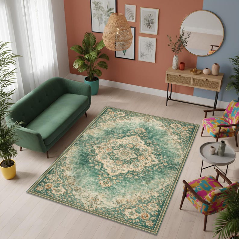 K&ouml;nnte beinhalten: Ein gro&szlig;er, rechteckiger Teppich mit einem Used-Look-Design im Vintage-Stil. Der Teppich hat ein zentrales Medaillonmuster in Creme und Beige, umgeben von einem t&uuml;rkis-gr&uuml;nen Rand. Der Teppich befindet sich in einem Wohnzimmer mit einem gr&uuml;nen Sofa und bunten Sesseln.