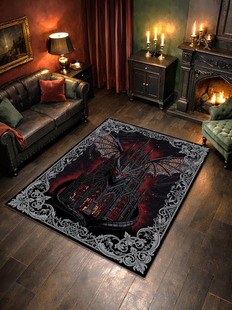 Cathedral Rug Gothic Dragon Cathedral Rug, Dark Fantasy Stained Glass Design ...