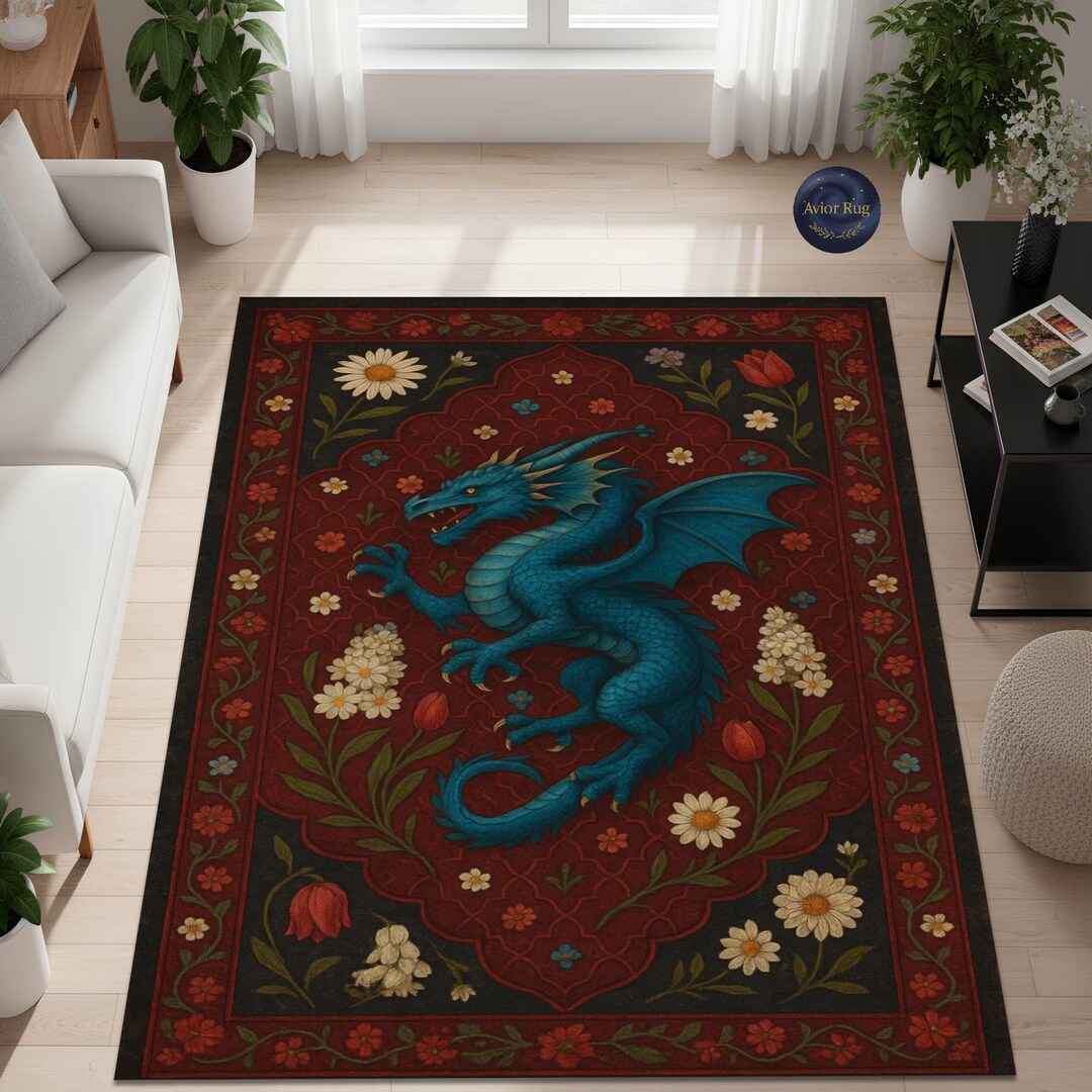 Fantasy Rug Collection Blue Dragon Fantasy Rug, Medieval Floral Cottagecore Carpet - Etsy