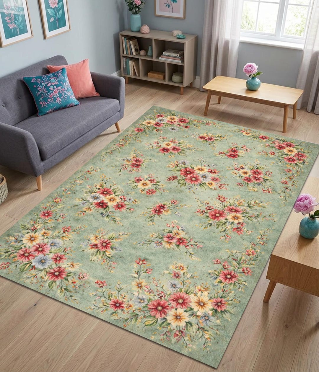 Vintage Floral Rug, Cottagecore Botanical Design, Shabby Chic Decor ...