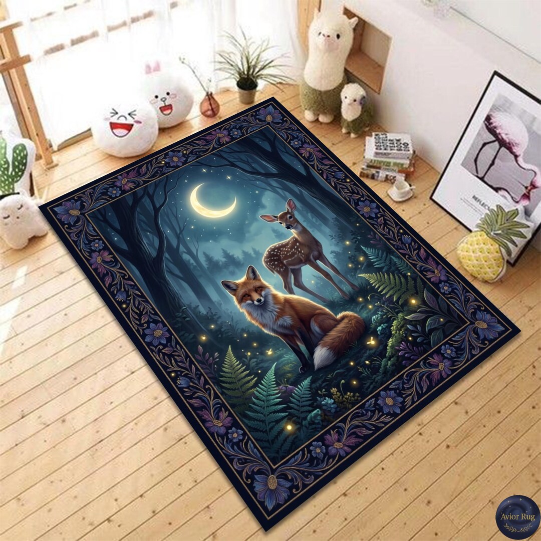 Moonlit Forest Fox Deer Pattern Area Rug Kids Room Nursery Playroom ...