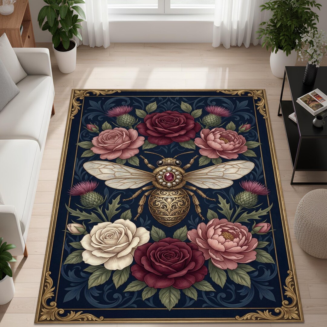 Bee Design Rug Bee Rug, Vintage Floral Botanical Design, Gothic Baroque Style, Dark ...
