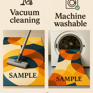 Puede incluir: Una alfombra con un patr&oacute;n geom&eacute;trico en amarillo, naranja y turquesa, que se muestra aspirando y lavando a m&aacute;quina. La alfombra tiene una base antideslizante, tacto suave y colores vibrantes. La palabra "SAMPLE" est&aacute; impresa.