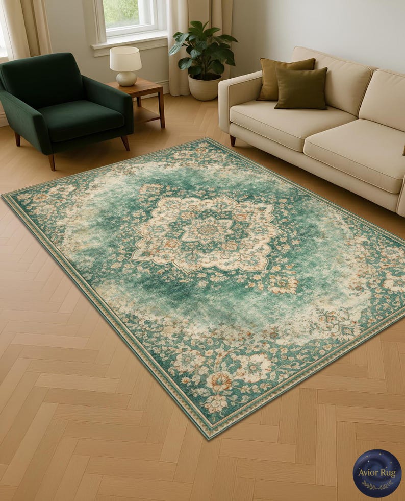 K&ouml;nnte beinhalten: Ein rechteckiger Teppich im Used-Look mit einem zentralen floralen Medaillon-Design. Der Teppich hat eine Farbpalette aus T&uuml;rkis und Creme mit Akzenten in Pfirsich und Beige. Er liegt auf einem hellen Holzboden, umgeben von M&ouml;beln.