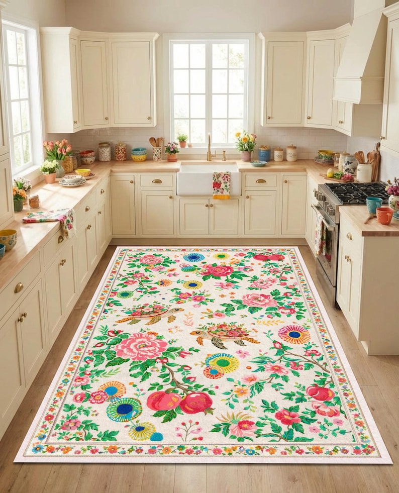 Turtle Kitchen Rug Floral Kitchen Rug, Chinoiserie Turtle Garden Design, Pink Peony ...