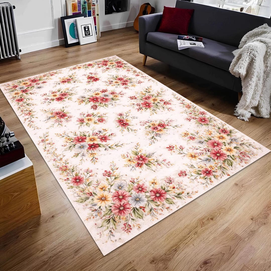 Floral Area Rug Vintage Cottagecore Pastel Shabby Chic Living Room ...