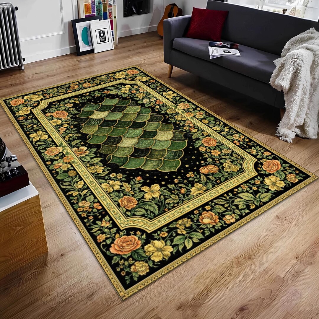 Deco Border Rugs Art Deco Scallop Rug, Black Floral Border, Green Botanical Design ...