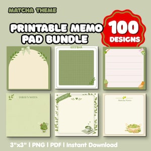 Può includere: Un set di blocchi per appunti stampabili con 100 design a tema matcha. La collezione include sei fogli quadrati in tonalità verde e crema, decorati con illustrazioni di tè matcha, foglie e fiocchi. Il testo include 3"x3", PNG, PDF, Instant Download, Matcha Theme, Printable Memo Pad Bundle, 100 Designs, Today's Notes, To Do List e Matcha Notes.