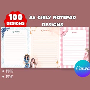 Op de afbeelding: A6 girly notitieblokontwerpen met 100 ontwerpen. Het notitieblok heeft gelinieerde pagina's met decoratieve elementen, waaronder illustraties van meisjes, vlinders en bloemaccenten. Het kleurenpalet omvat roze, blauwe en perziktinten.