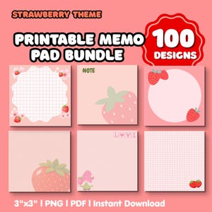 Puede incluir: Un paquete de blocs de notas imprimibles con 100 diseños de temática de fresas. La colección digital incluye varias hojas de notas cuadradas con patrones de cuadrícula, puntos y en blanco, decoradas con ilustraciones de fresas y el texto 3"x3".