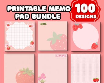 100 Designs Erdbeer Notizblock Bündel | Kawaii Pastell Erdbeeren Briefpapier (Digitaler Download)