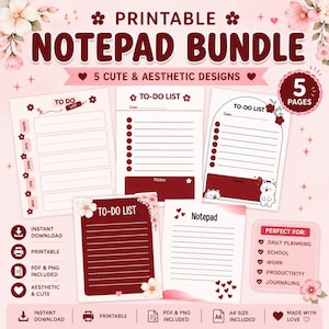 Puede incluir: Paquete de blocs de notas imprimibles con 5 diseños bonitos y estéticos. La imagen muestra listas de tareas y blocs de notas con detalles florales y de corazón. Incluye descarga instantánea, archivos PDF y PNG imprimibles y tamaño A6. Perfecto para planificación diaria, escuela, trabajo, productividad y diario.