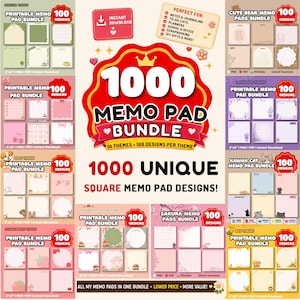 Puede incluir: Una colección digital de 1000 diseños de blocs de notas imprimibles con diez temas distintos que incluyen matcha, oso, cereza, lavanda, perro, gato, fresa, cottagecore, sakura y abeja. El gráfico muestra plantillas de notas cuadradas.