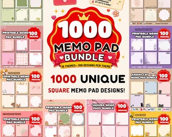 1000 Square Memo Pad Designs Bundle | 10 Themes, PNG PDF Canva Template (Digital Download)