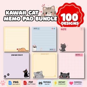 May include: A digital bundle of 100 memo pad designs featuring various cat illustrations. The collection includes square sheets in yellow, blue, pink, and purple with lined or grid patterns, cat graphics, and text labels like NOTES and IMPORTANT.