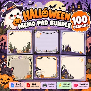 以下が含まれることがあります： ハロウィンのメモ帳バンドルデジタルセット。ゴースト、カボチャ、コウモリ、お化け屋敷のイラストが描かれた100種類のデザインが含まれています。紫とオレンジの色調で、罫線や方眼レイアウトの印刷可能なステーショナリーシートが揃っています。