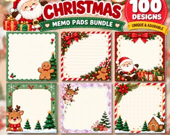 May include: A digital bundle of 100 Christmas memo pads featuring festive illustrations of Santa Claus, reindeer, gingerbread men, Christmas trees, and gifts. The designs include various borders, patterns, and holiday motifs in red, green, and white.