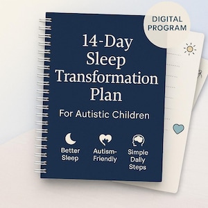 Puede incluir: Un cuaderno azul marino con espiral titulado "Plan de transformación del sueño de 14 días para niños autistas". La portada incluye iconos y las palabras "Mejor sueño", "Apto para el autismo" y "Pasos diarios sencillos".