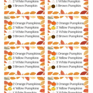 May include: A printable educational worksheet featuring eight rectangular sections, each decorated with autumn leaves and lists of orange, yellow, white, and brown pumpkins with varying numerical counts. The bottom text reads 2025 Pineblossom Preschool.