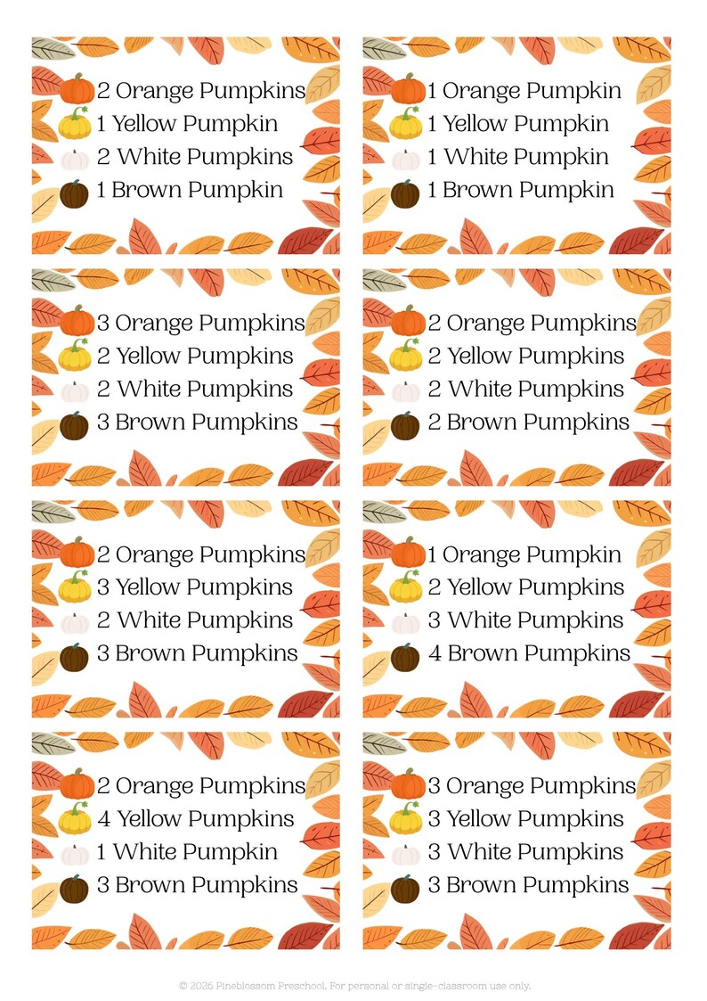 May include: A printable educational worksheet featuring eight rectangular sections, each decorated with autumn leaves and lists of orange, yellow, white, and brown pumpkins with varying numerical counts. The bottom text reads 2025 Pineblossom Preschool.