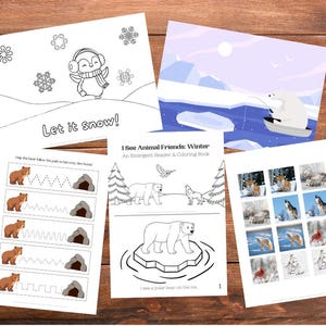 May include: A collection of winter-themed coloring and activity pages. One page features a penguin with earmuffs and the text "Let it snow!". Other pages include illustrations of polar bears, wolves, and other winter animals.