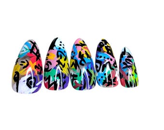Graffiti Nails Colorful Handmade Gel Nails Press On Set Brand New