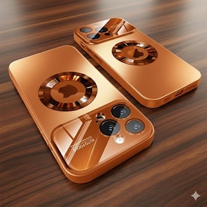 May include: Two copper-colored phone cases with a metallic ring design and camera lens protection. The cases have a glossy finish and are displayed on a wooden surface. The camera lens area has the text "AUTO FOCUS".