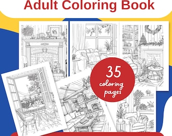 Cozy Rooms Adult Coloring Book | 35 Relaxing Home Interiors | Stress Relief Cozy Coloring Pages | Printable PDF